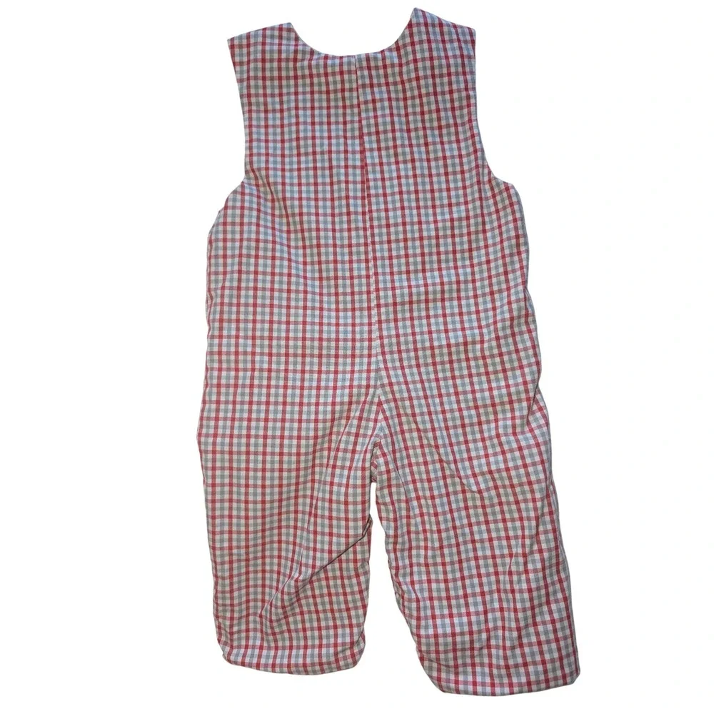 Le' Za Me Baby Boys Red Gingham Raccoon Applique Longall Romper Smocked 12M